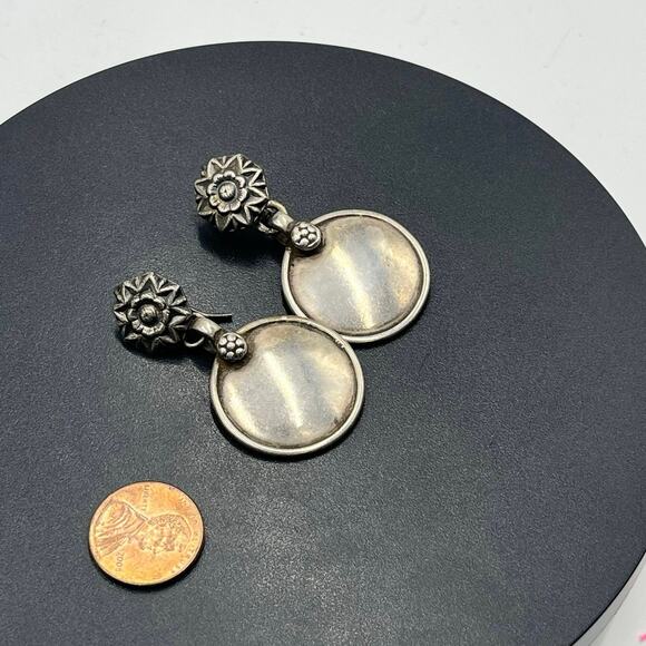 Vintage Sterling Silver Aztec Floral Heavy Double Drop Dangle Earrings 16 grams - Picture 7 of 10